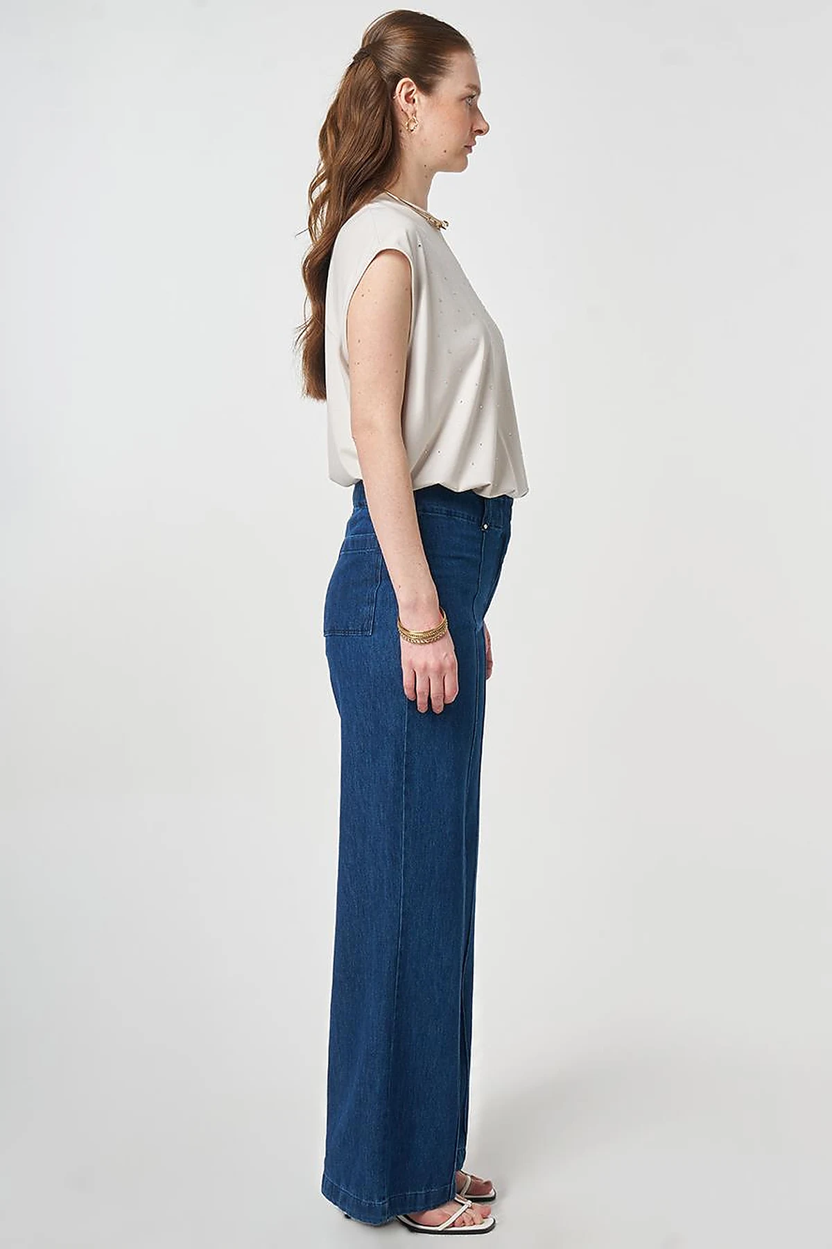 Washed Denim Trousers with Seam Stitching Navy