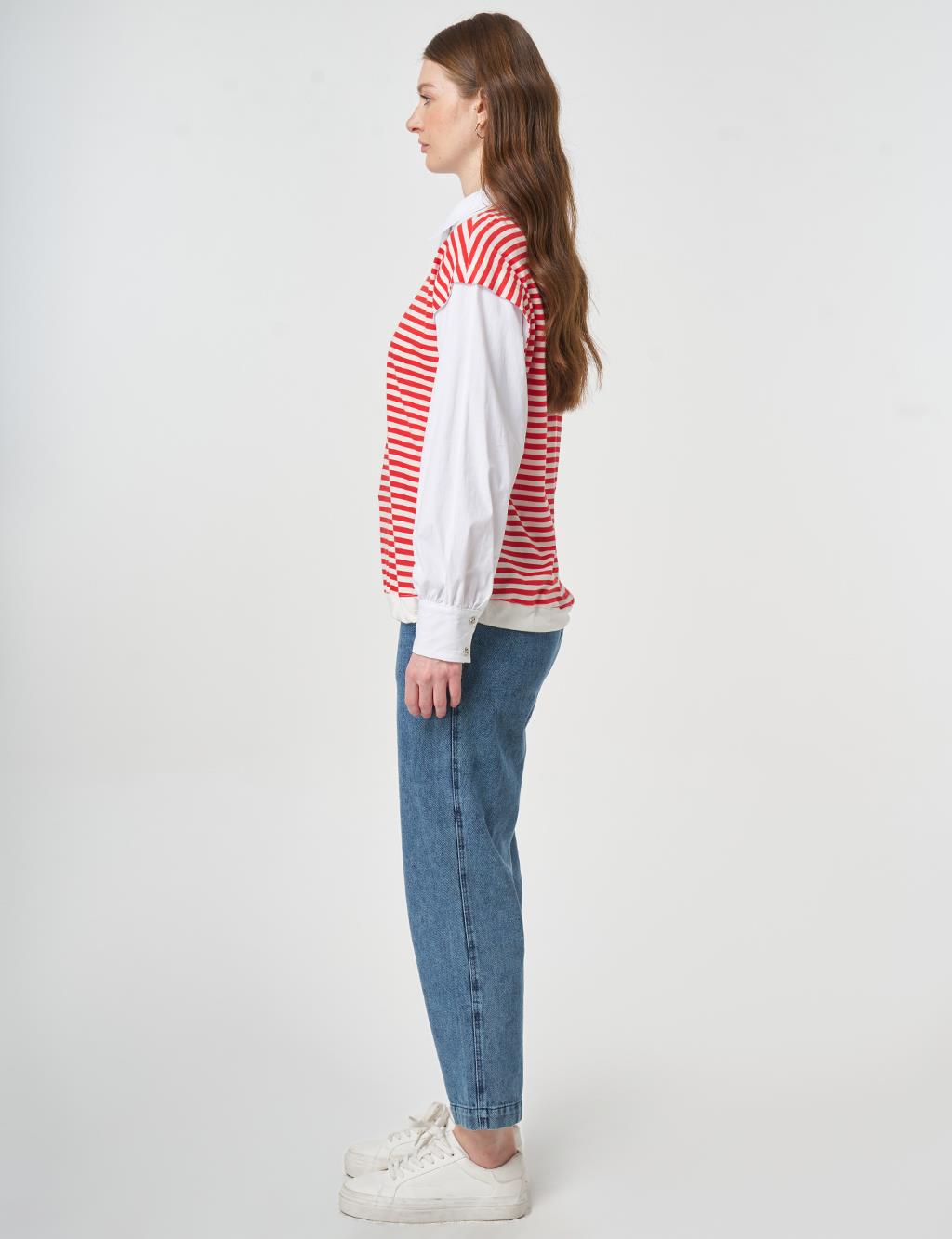 100% Cotton Striped Sweatshirt Red