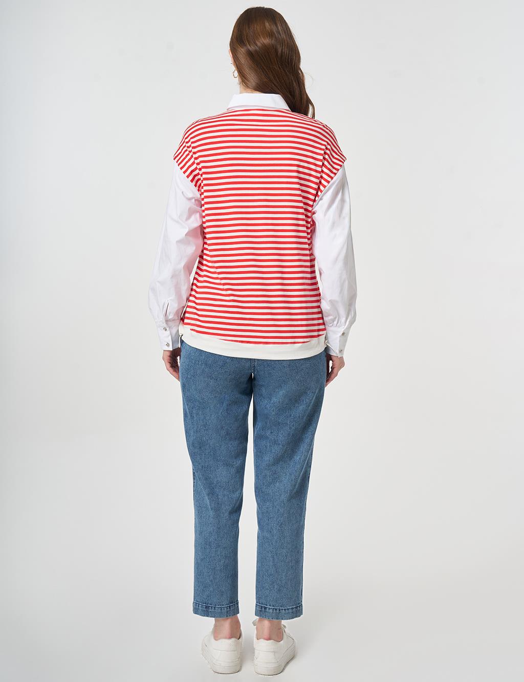 100% Cotton Striped Sweatshirt Red