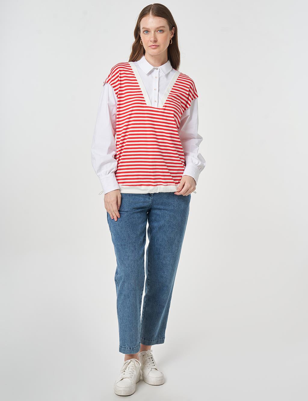 100% Cotton Striped Sweatshirt Red