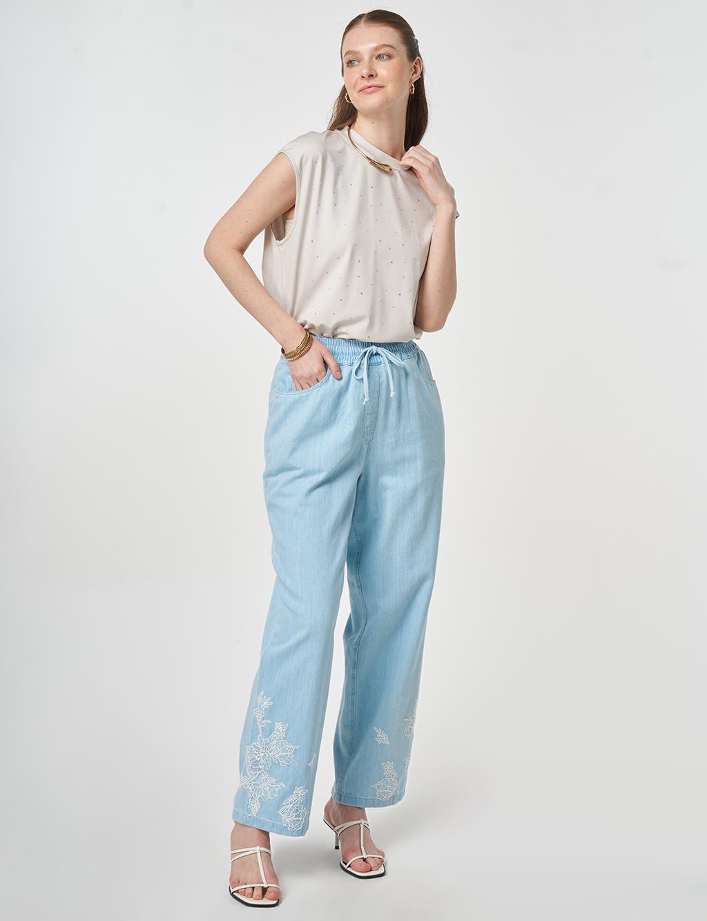 Washed Embroidered Hem Denim Pants Blue 