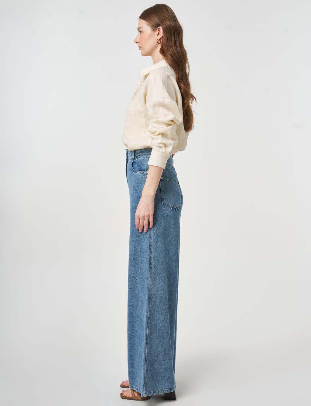 Washed Wide Leg Denim Trousers Blue