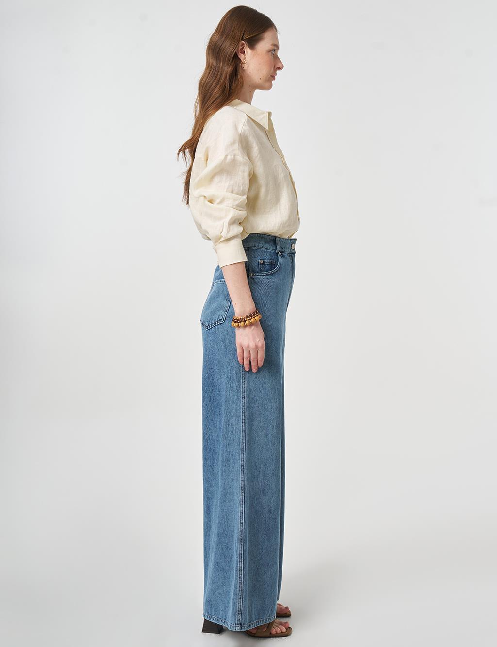 Washed Wide Leg Denim Trousers Blue