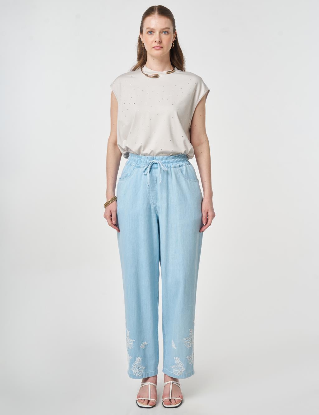Washed Embroidered Hem Denim Pants Blue 