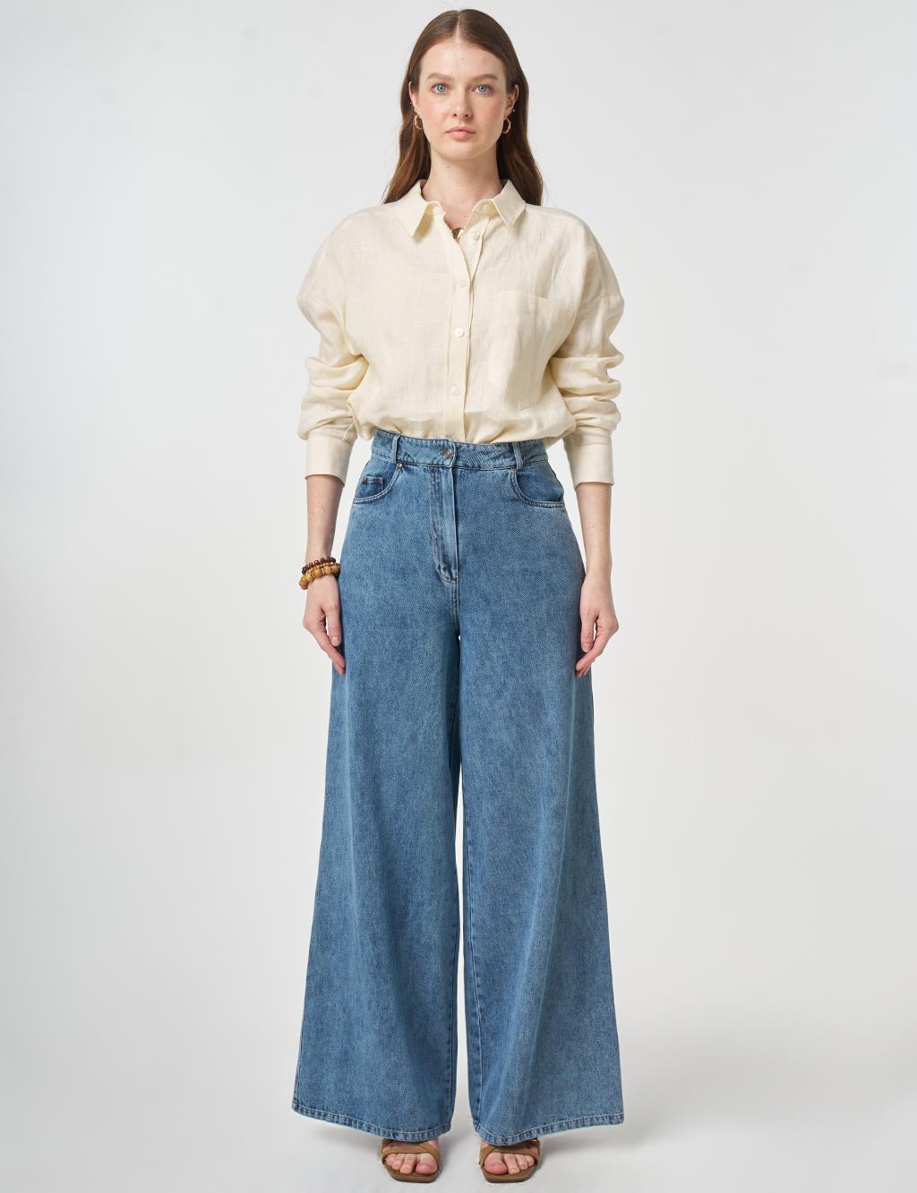 Washed Wide Leg Denim Trousers Blue