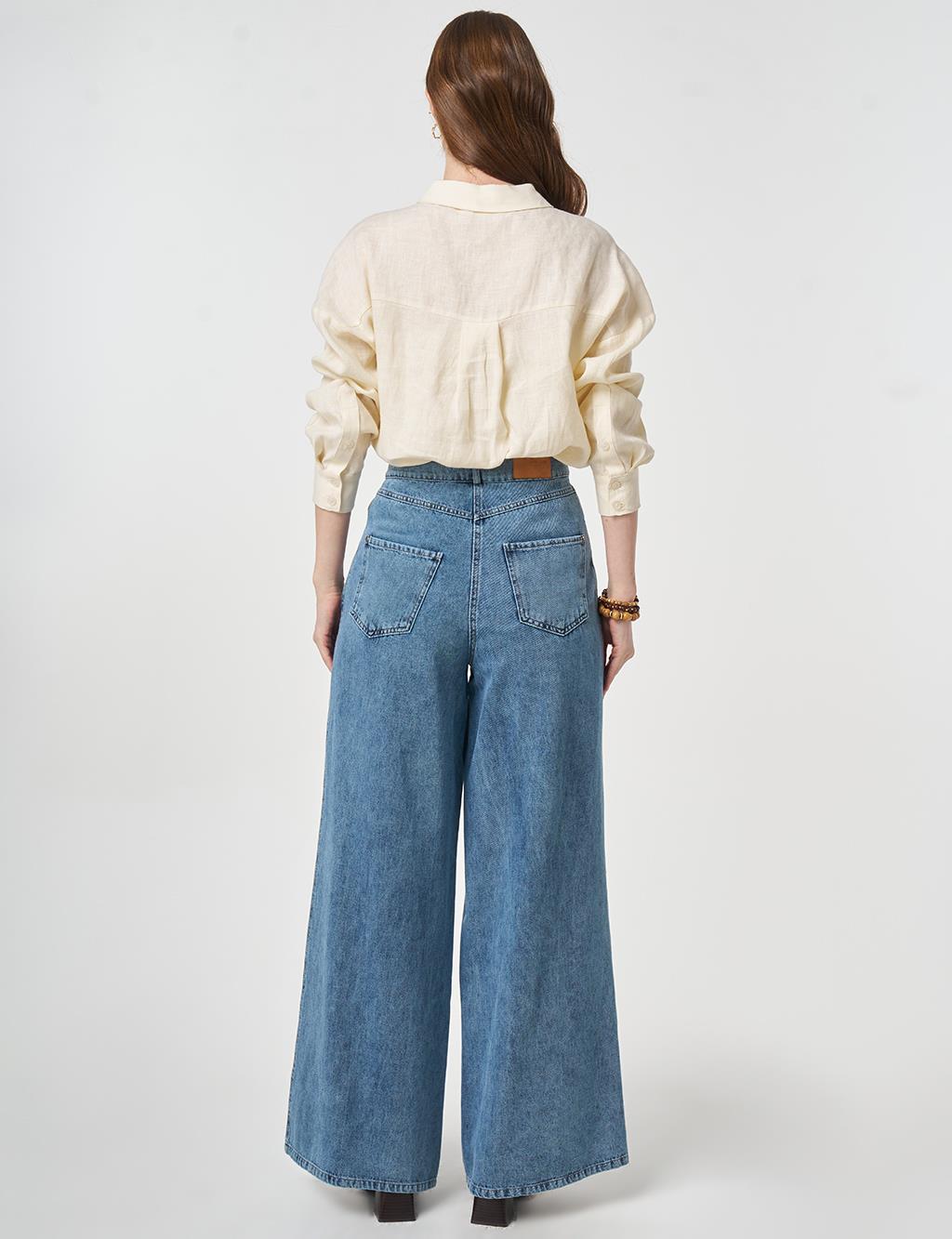 Washed Wide Leg Denim Trousers Blue