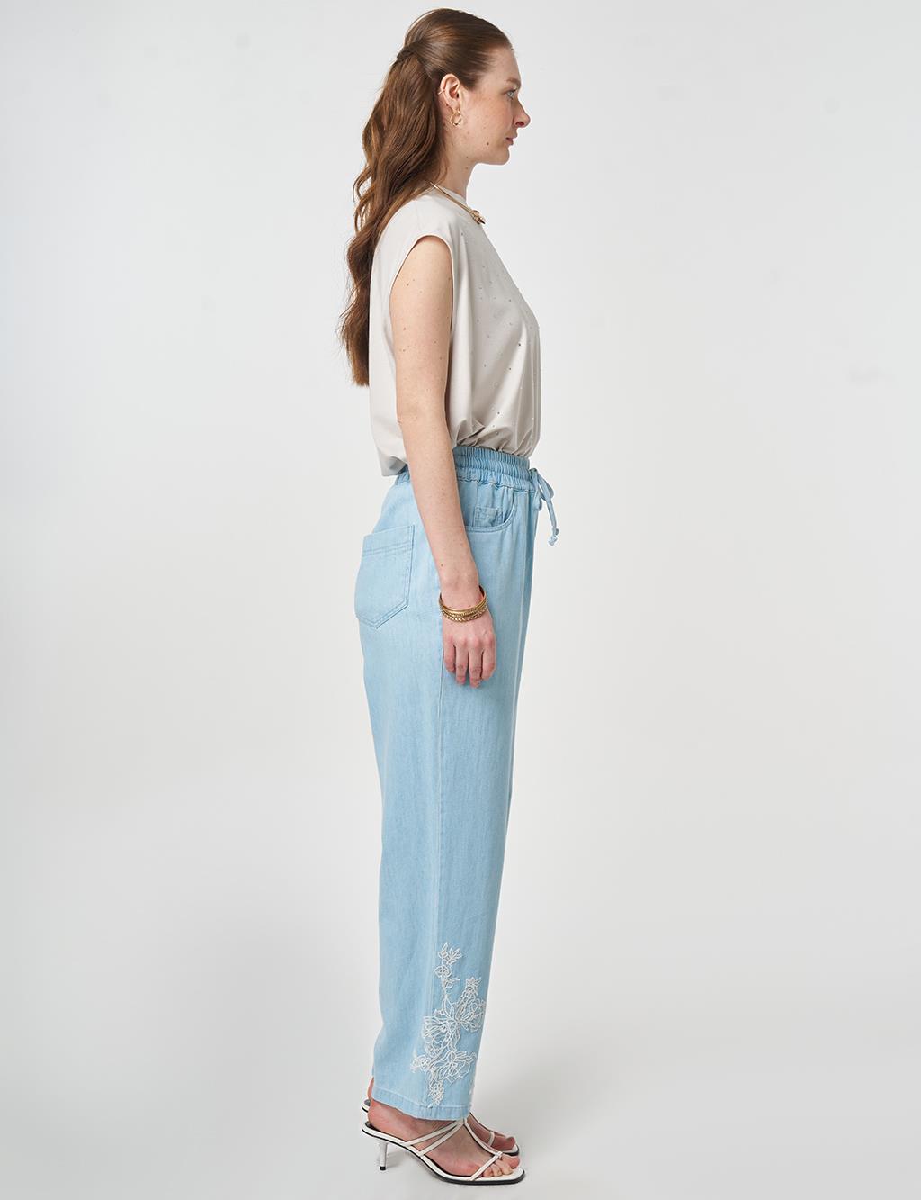 Washed Embroidered Hem Denim Pants Blue 