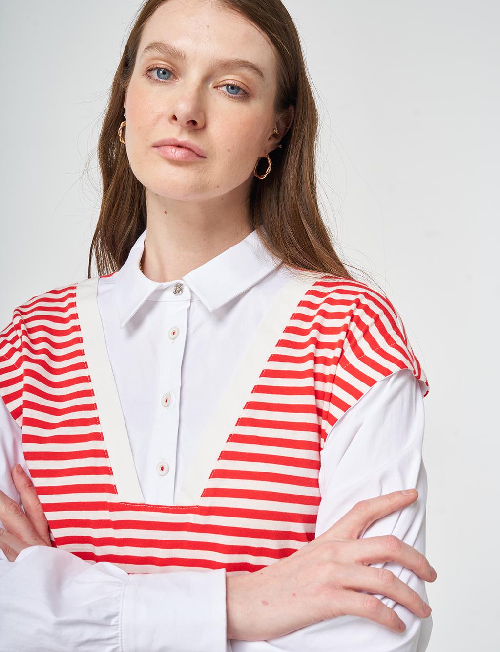 100% Cotton Striped Sweatshirt Red