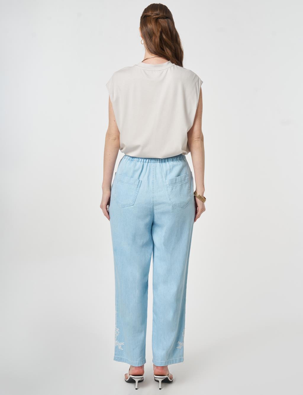 Washed Embroidered Hem Denim Pants Blue 