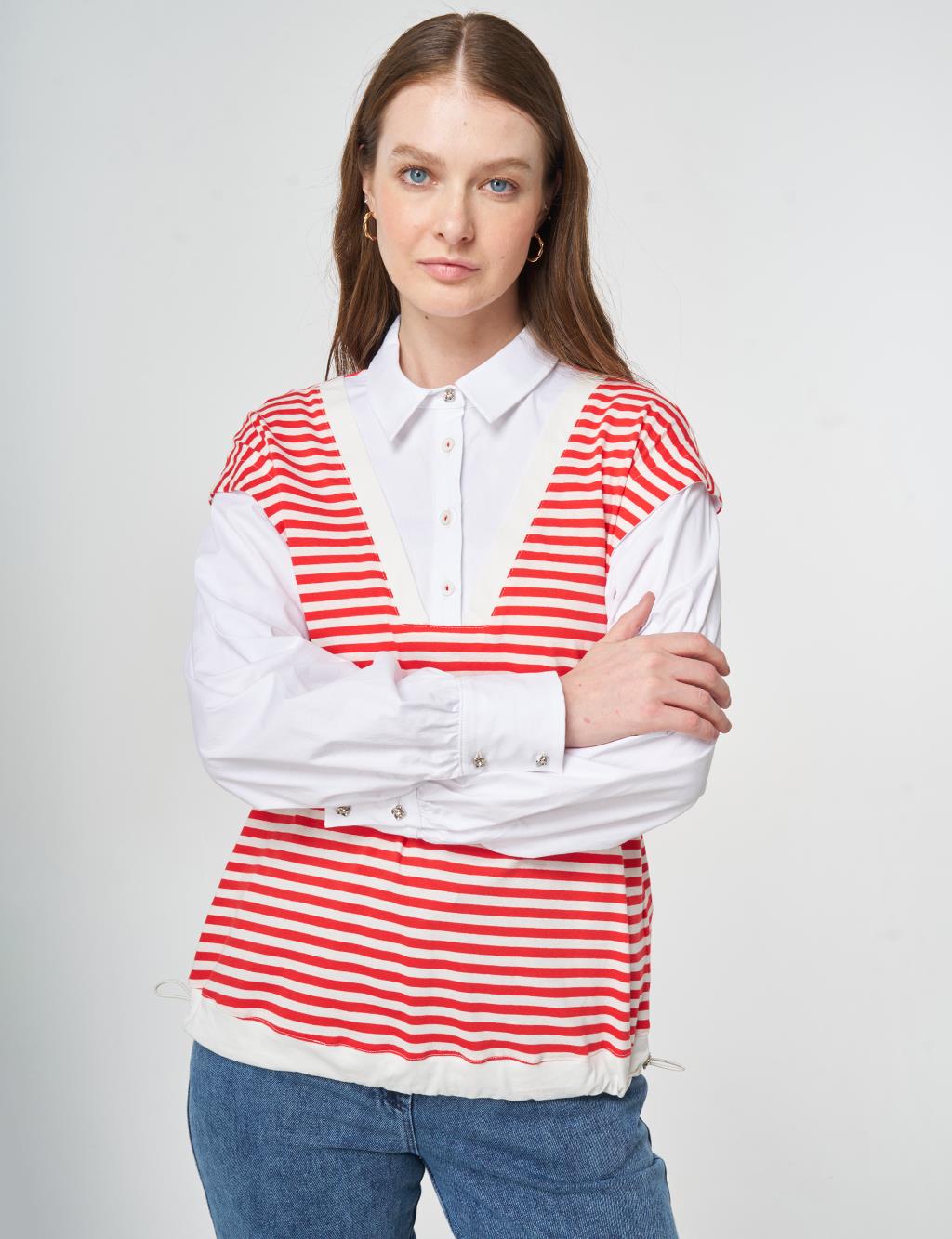 100% Cotton Striped Sweatshirt Red