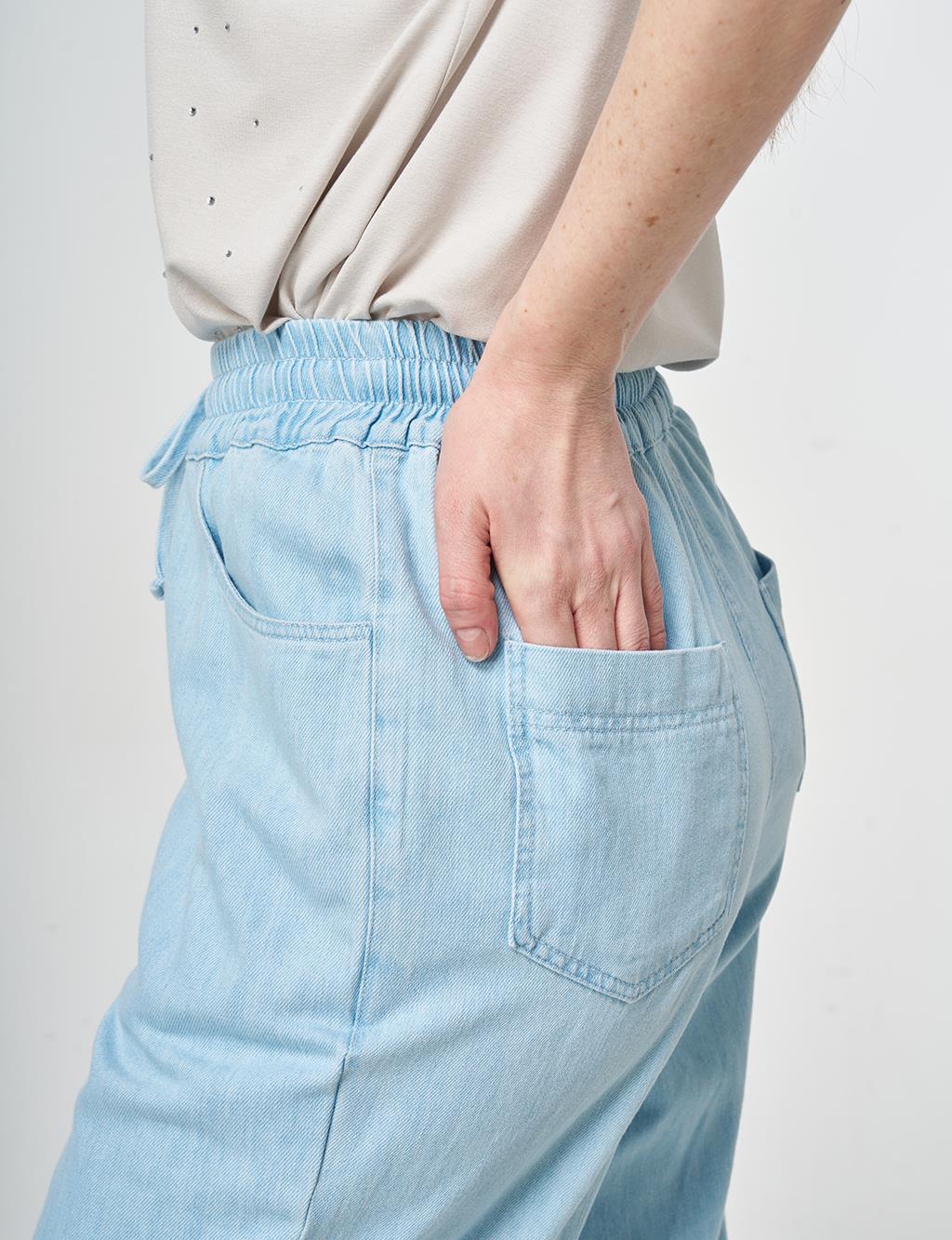 Washed Embroidered Hem Denim Pants Blue 