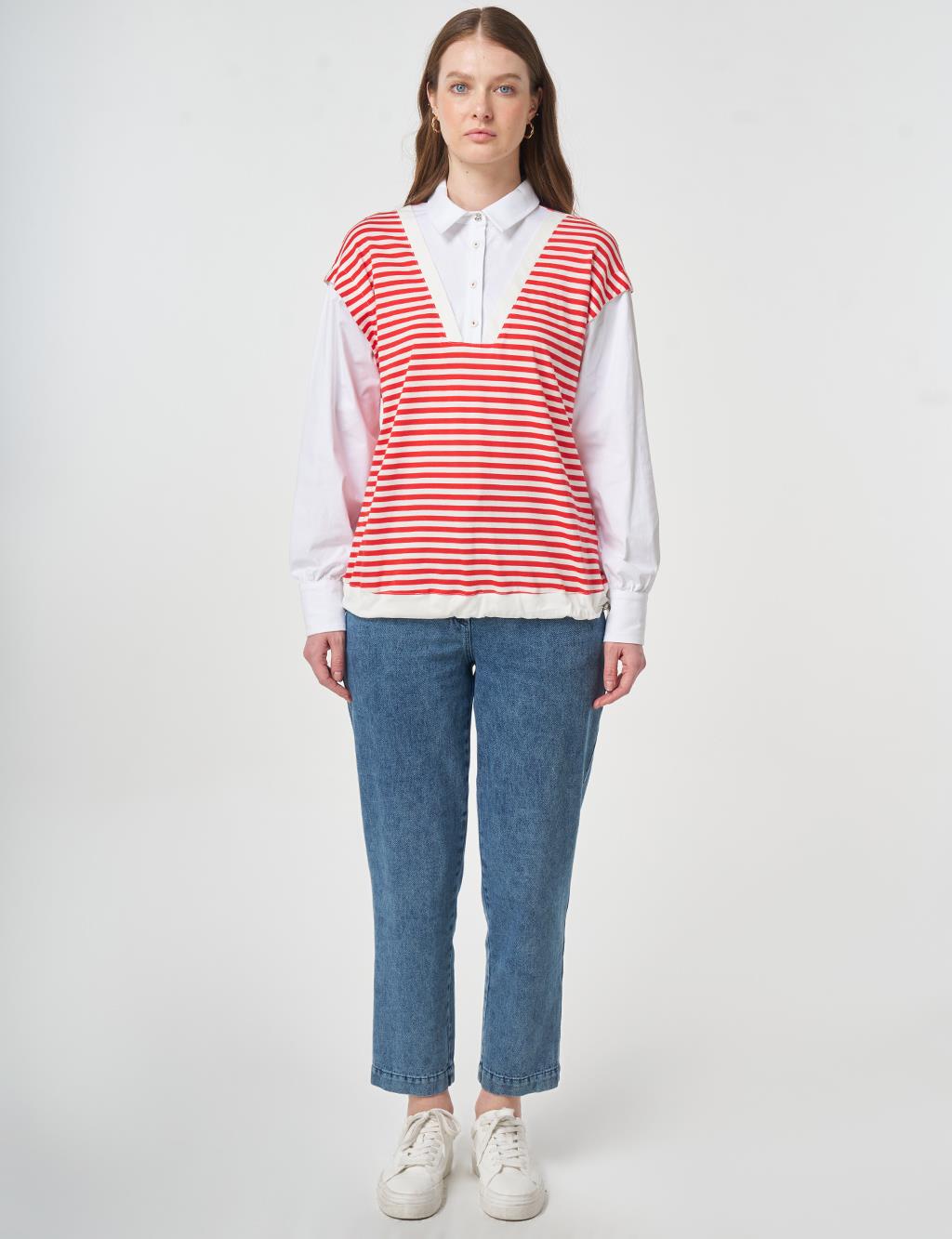 100% Cotton Striped Sweatshirt Red