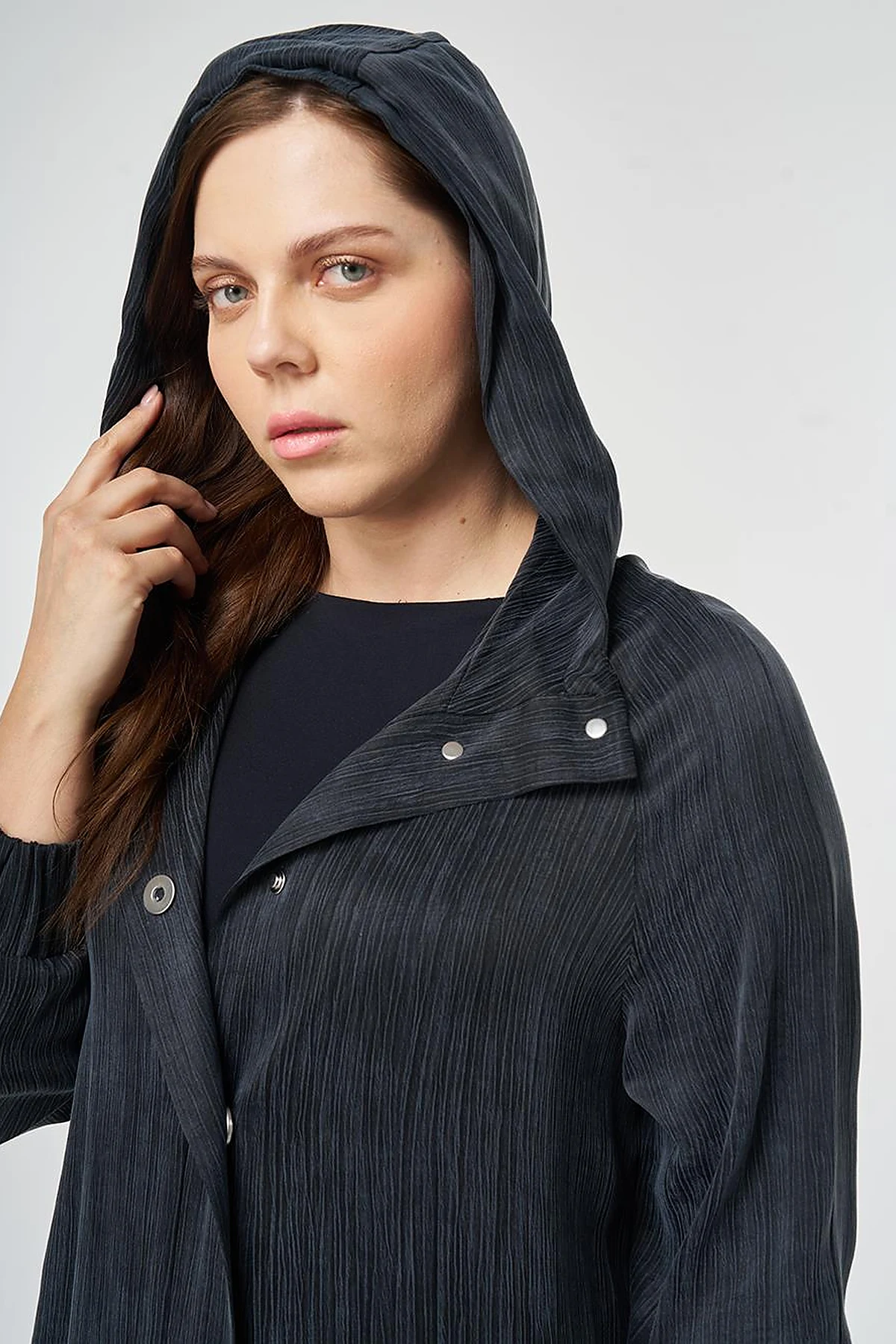 Hooded Lyocell Viscose Overcoat Black
