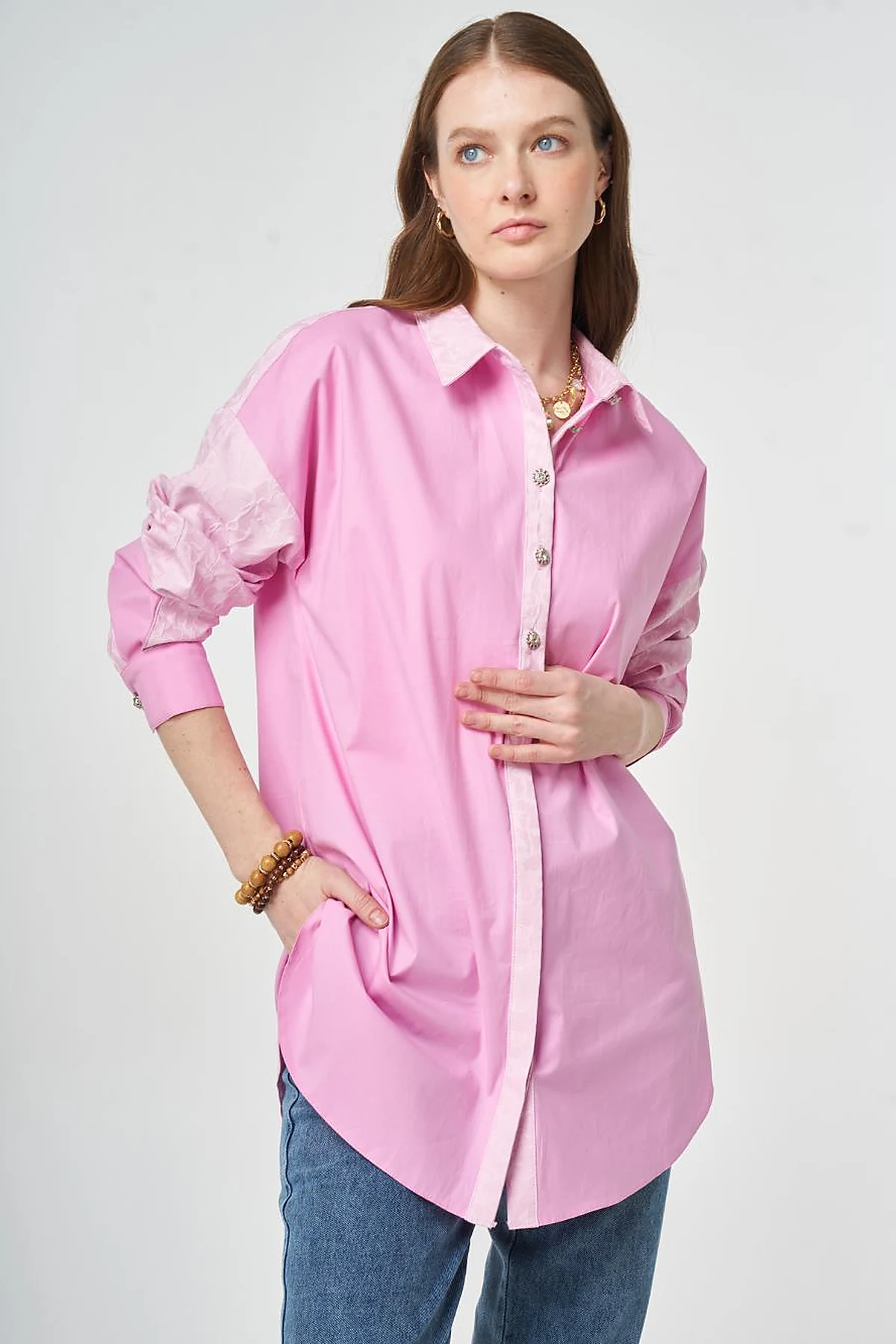 Fabric-Trimmed Cotton Tunic Candy Pink