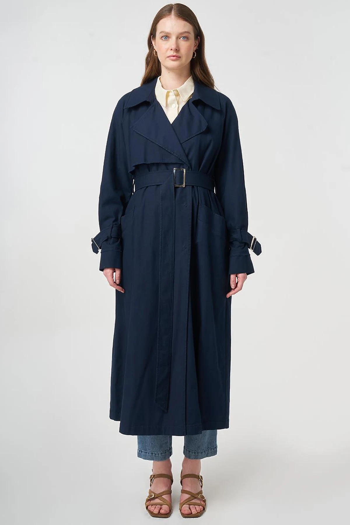 Belted and Epaulette Detailed Trench Coat Dark Navy