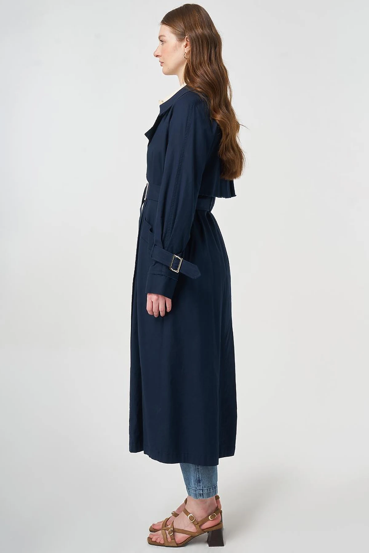 Belted and Epaulette Detailed Trench Coat Dark Navy