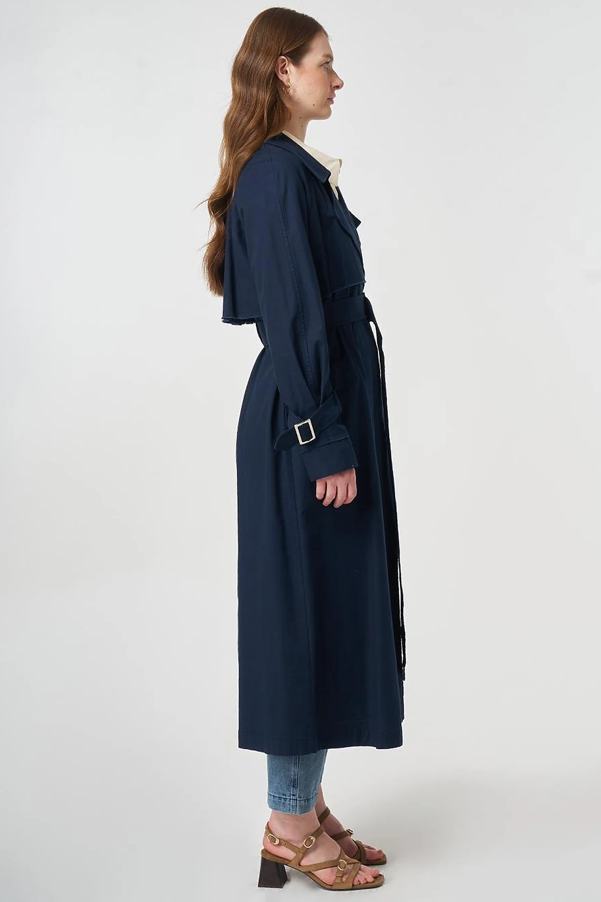 Belted and Epaulette Detailed Trench Coat Dark Navy