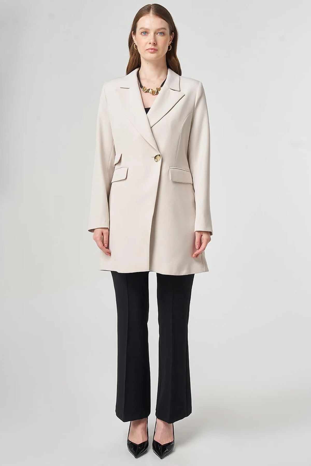 Single-Button Blazer Jacket Light Gray