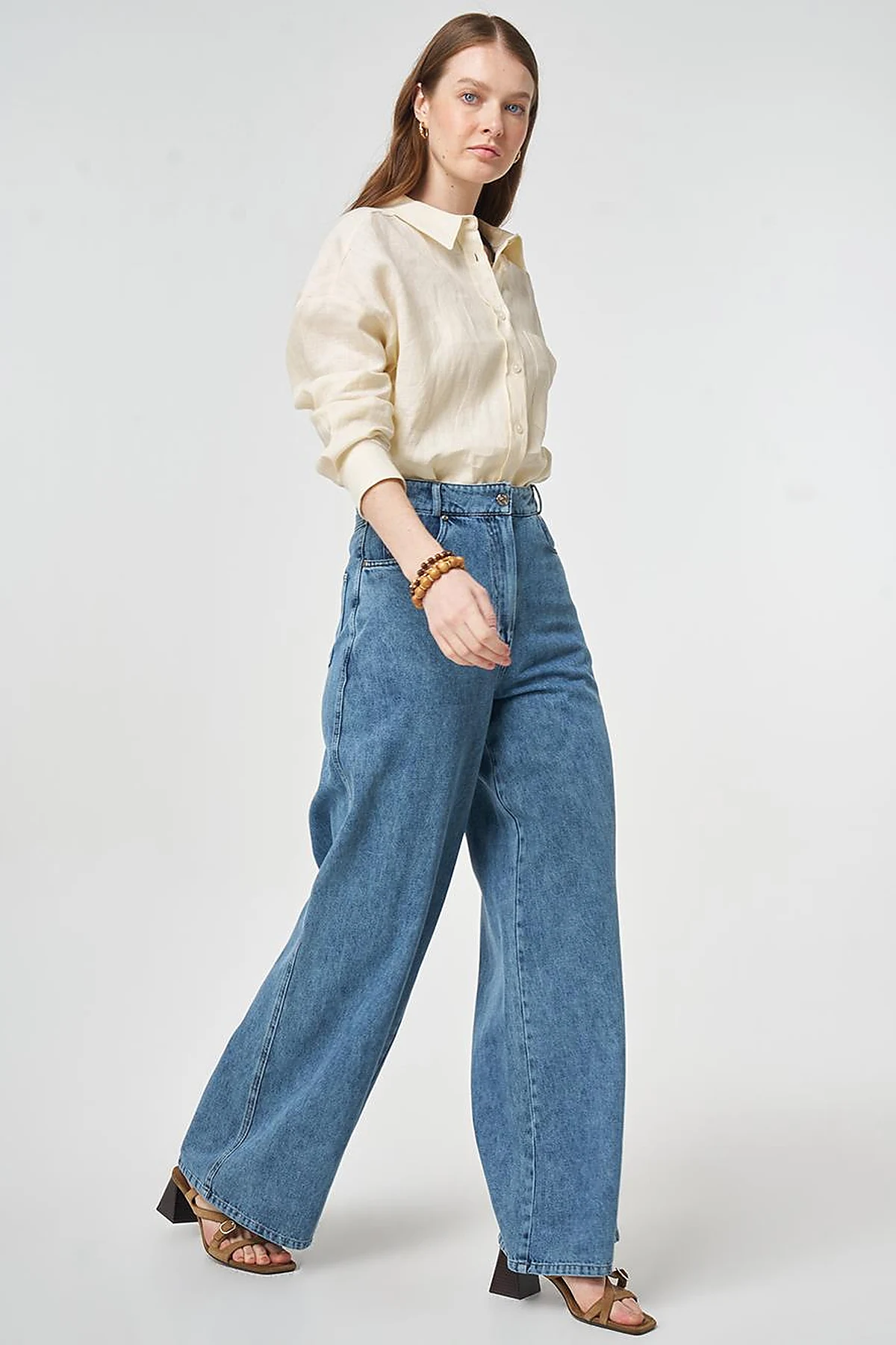Washed Wide Leg Denim Trousers Blue