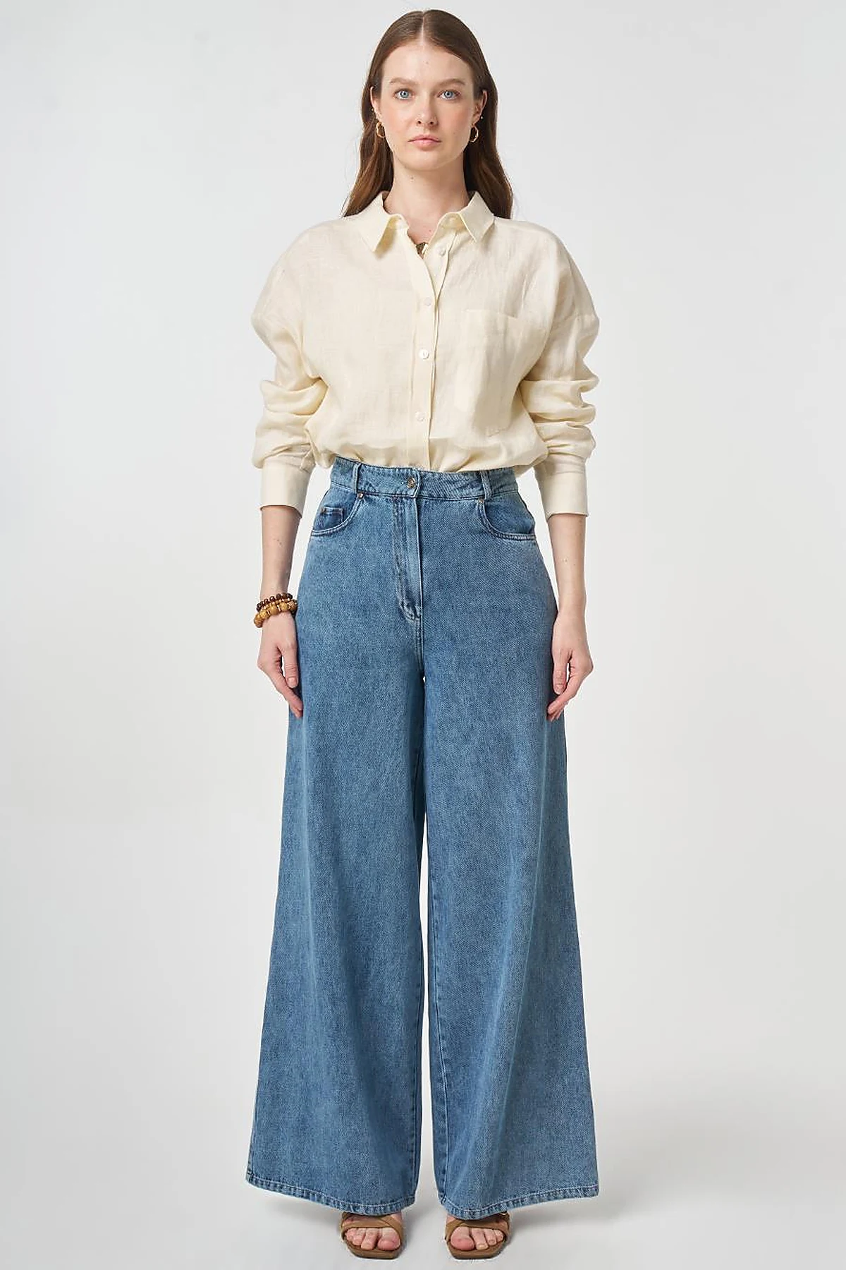 Washed Wide Leg Denim Trousers Blue