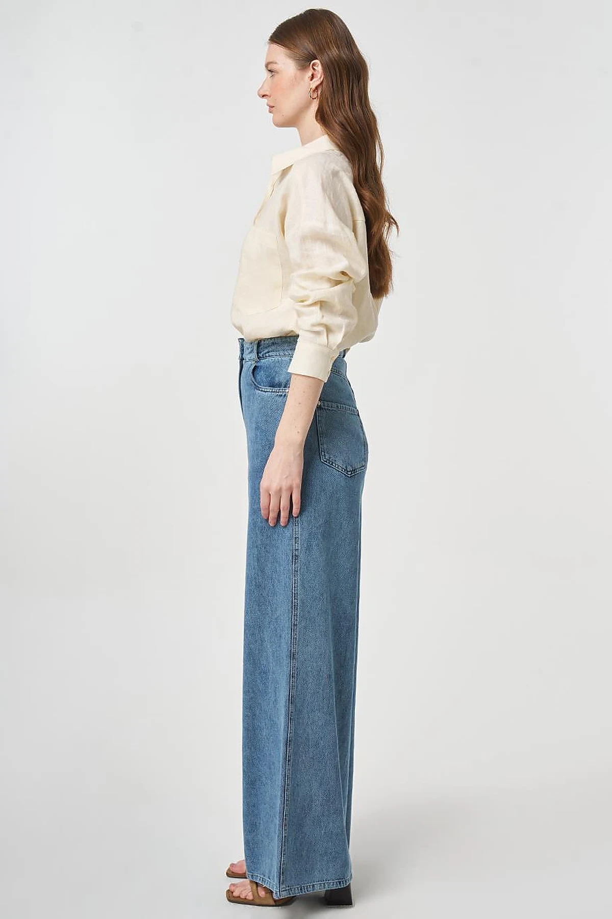 Washed Wide Leg Denim Trousers Blue