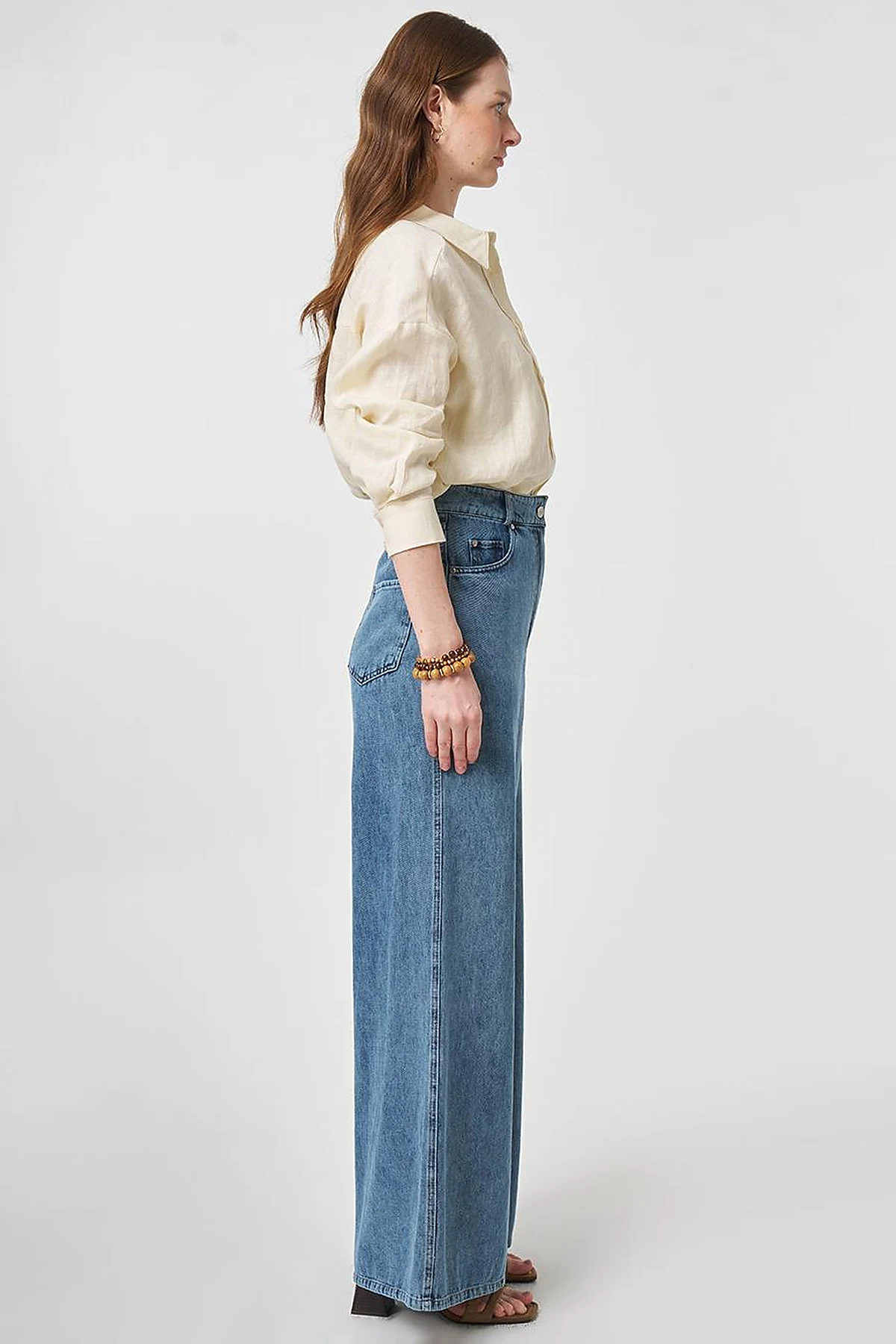 Washed Wide Leg Denim Trousers Blue