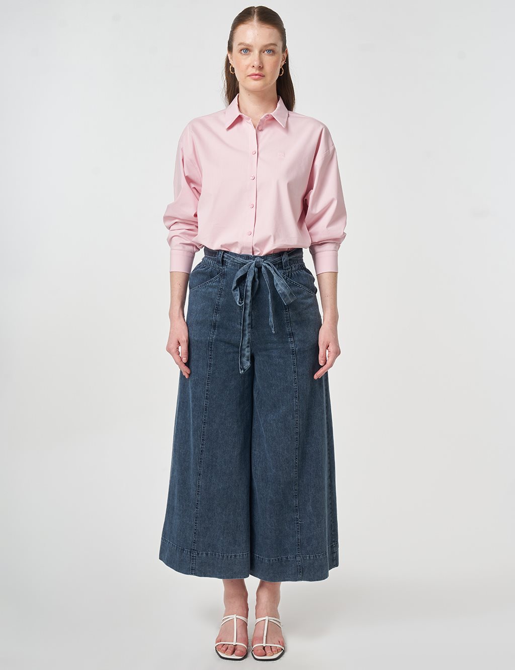 Belt Detail Washed Denim Pants Blue