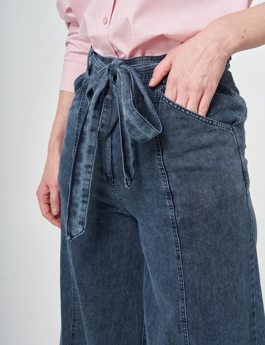 Belt Detail Washed Denim Pants Blue