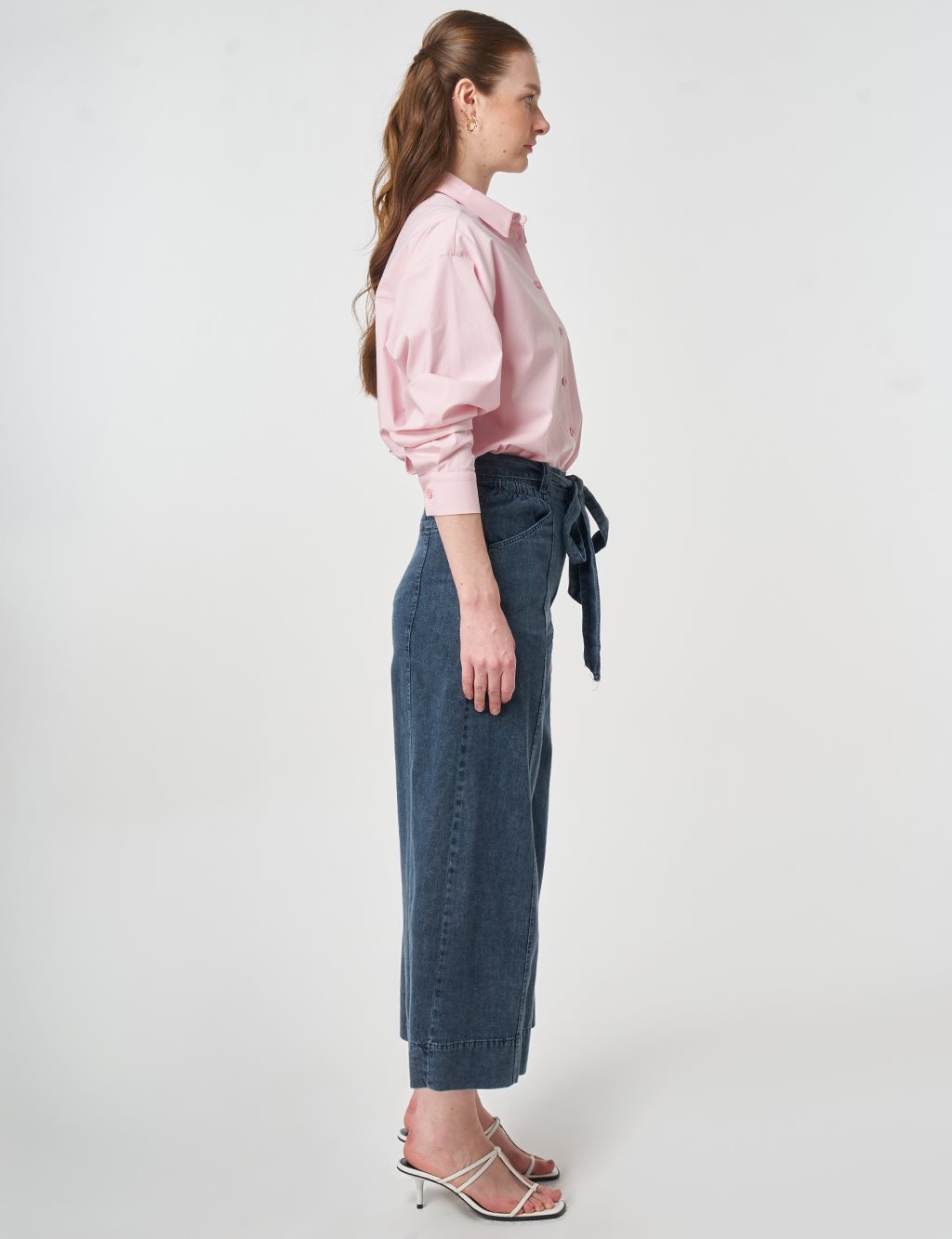 Belt Detail Washed Denim Pants Blue