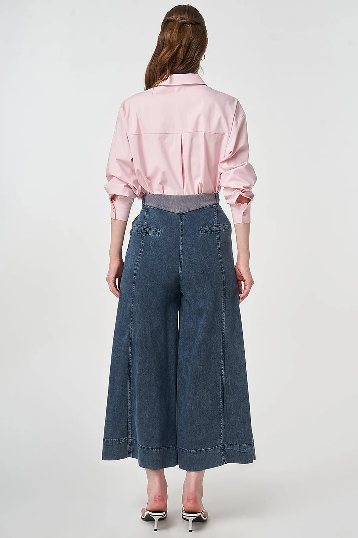 Kuşak Detaylı Yıkamalı Denim Pantolon Mavi