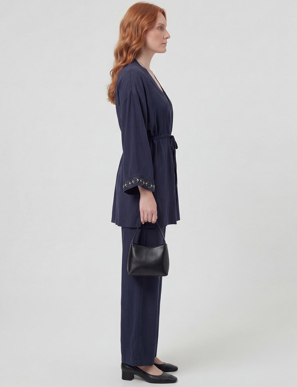 100% Lyocell Embroidered Two-Piece Set Dark Navy