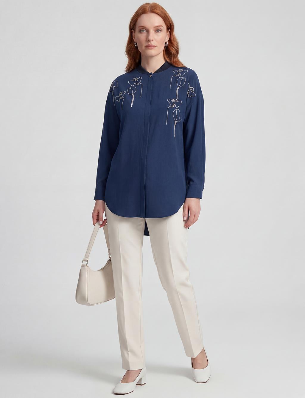 Embroidered College Collar Tunic Dark Navy