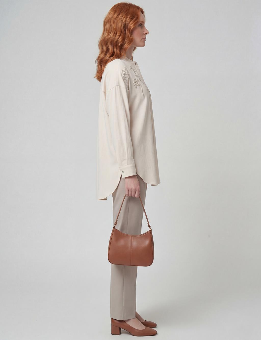 Embroidered College Collar Tunic Cream