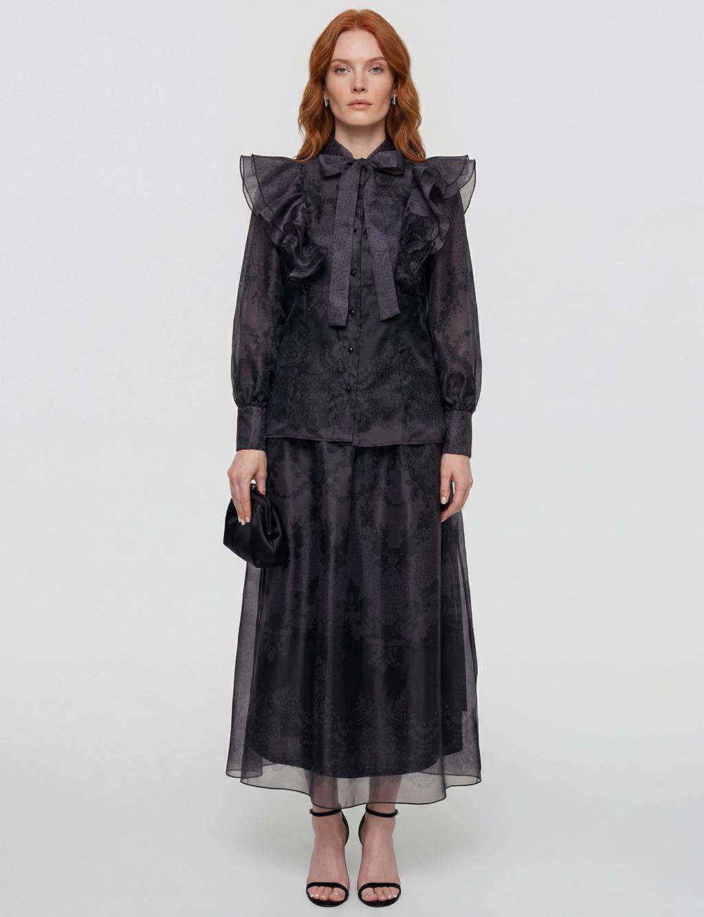 Shawl Collar Organza Set Black