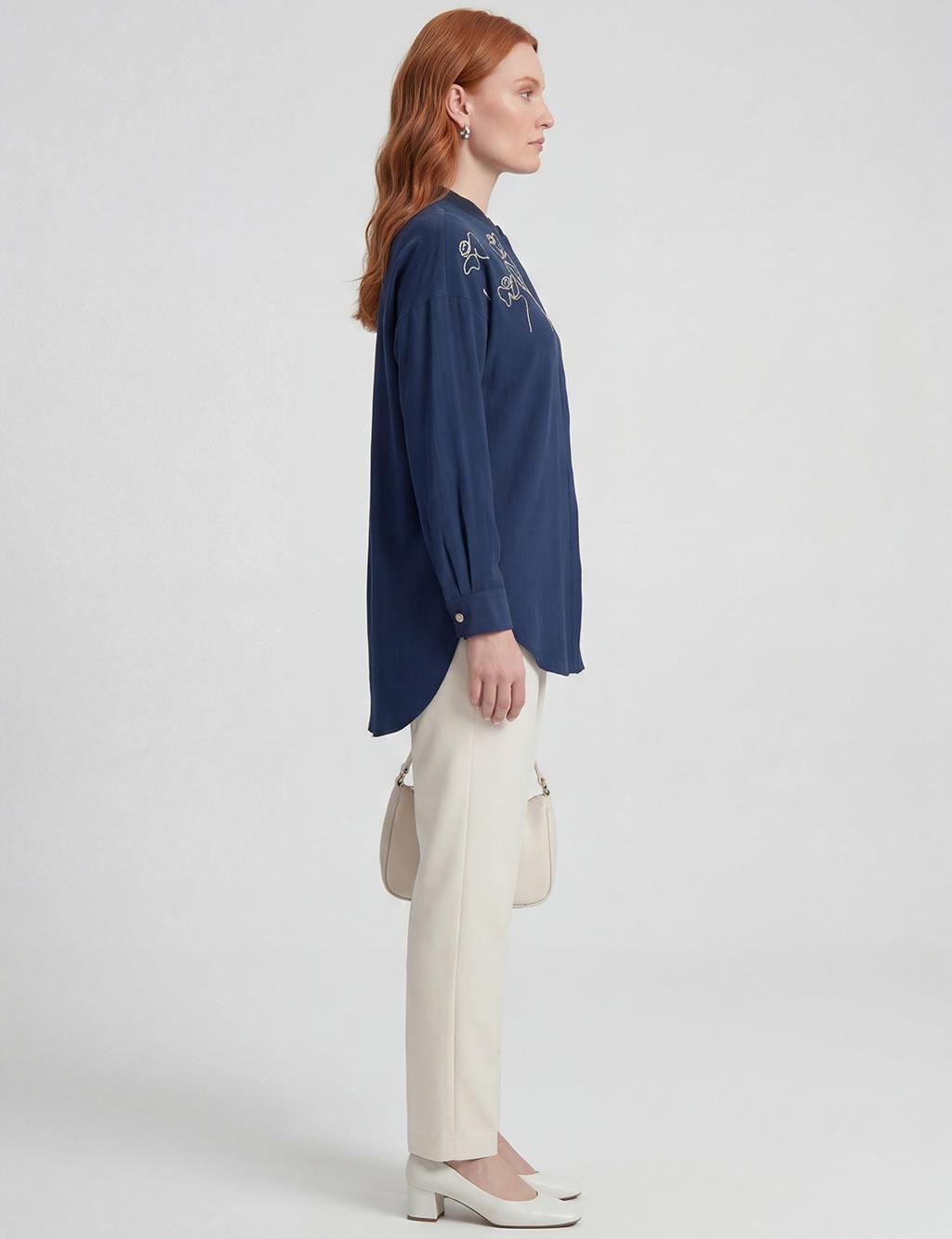 Embroidered College Collar Tunic Dark Navy