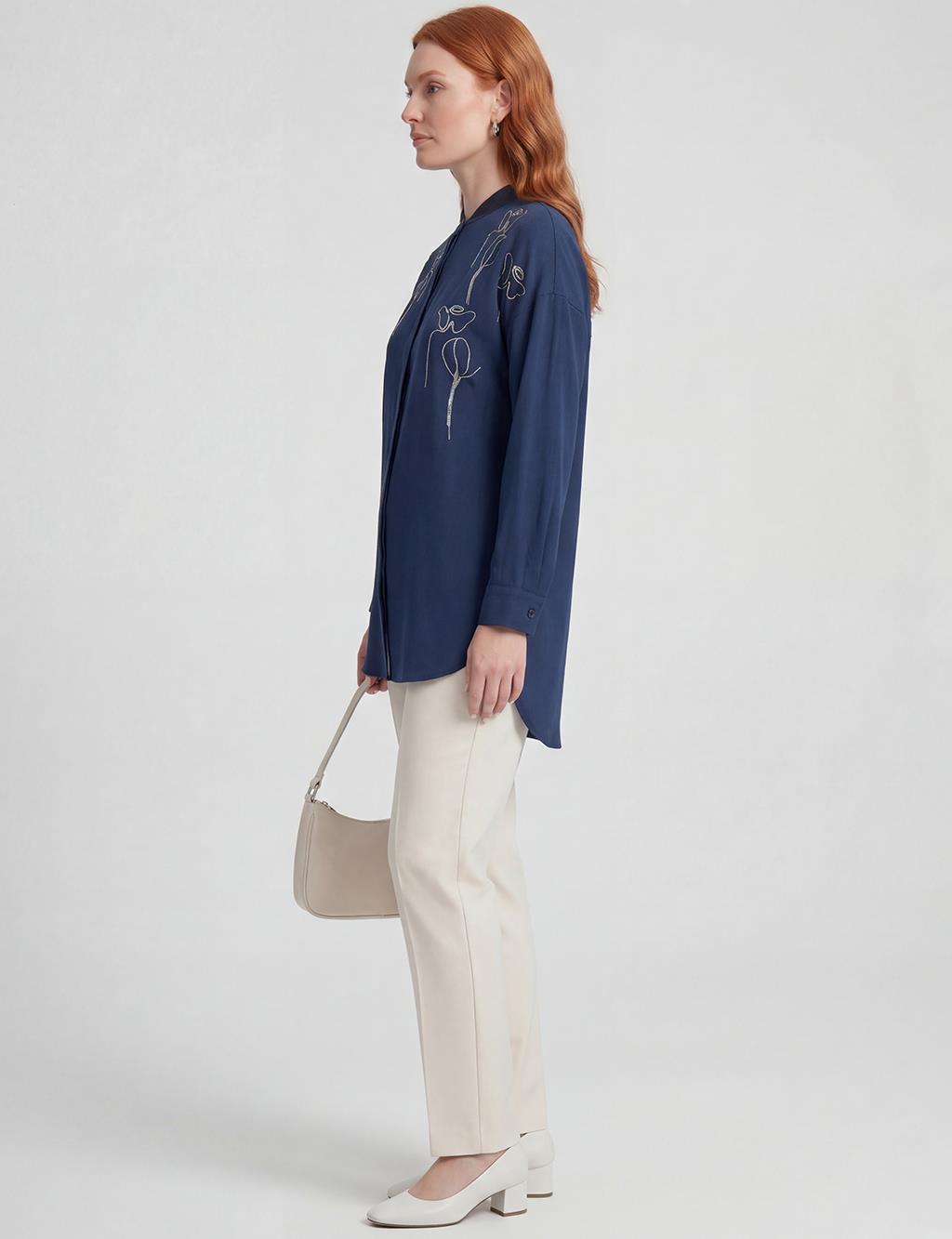 Embroidered College Collar Tunic Dark Navy