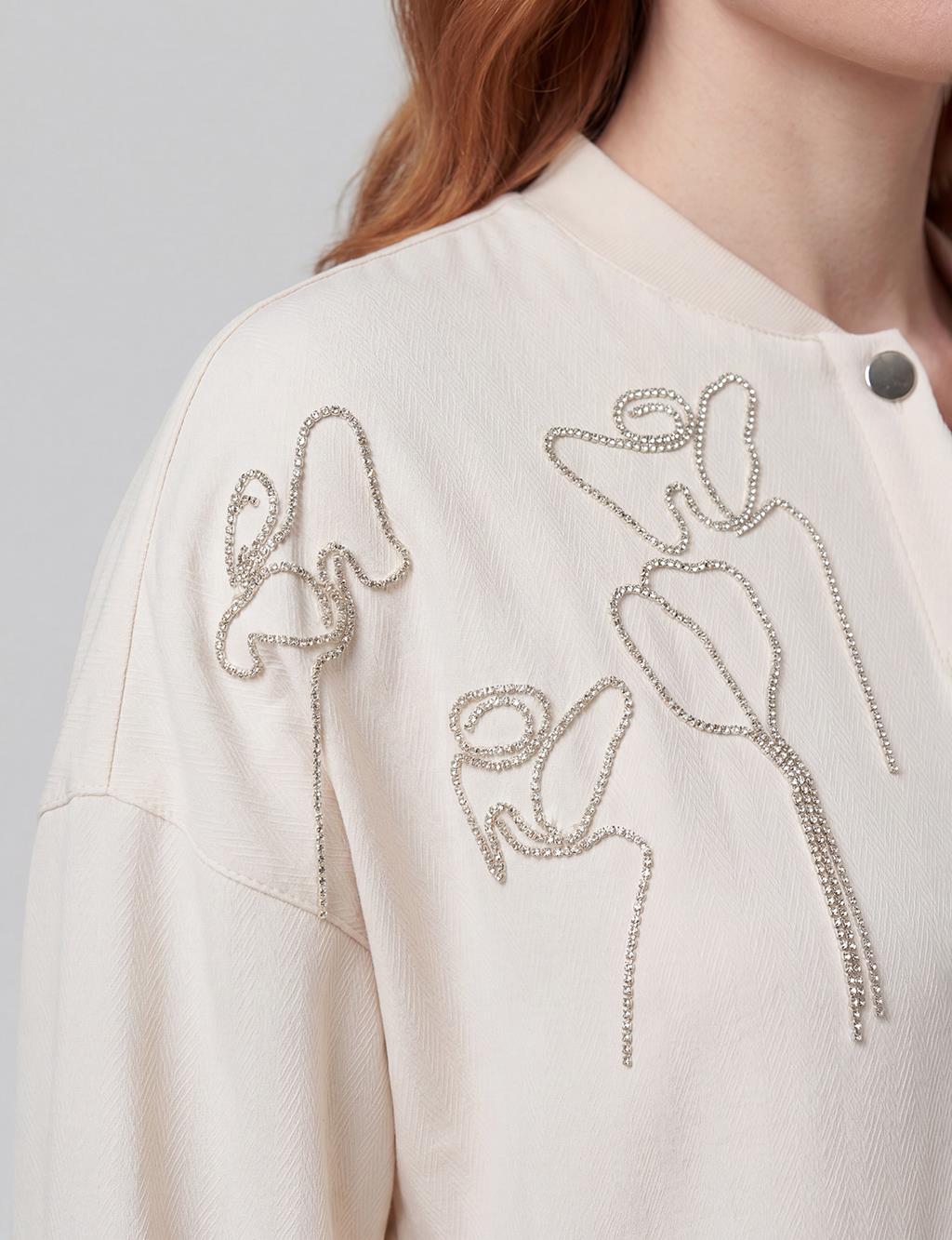 Embroidered College Collar Tunic Cream