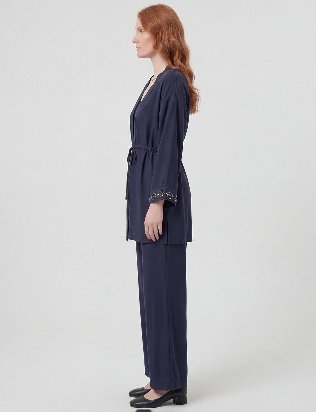 100% Lyocell Embroidered Two-Piece Set Dark Navy