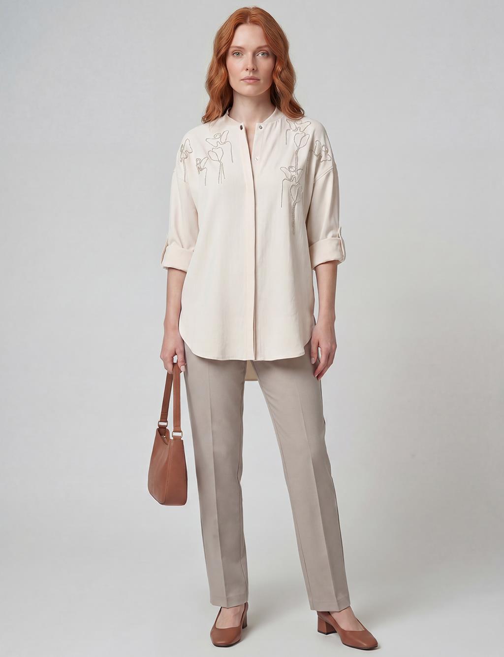 Embroidered College Collar Tunic Cream