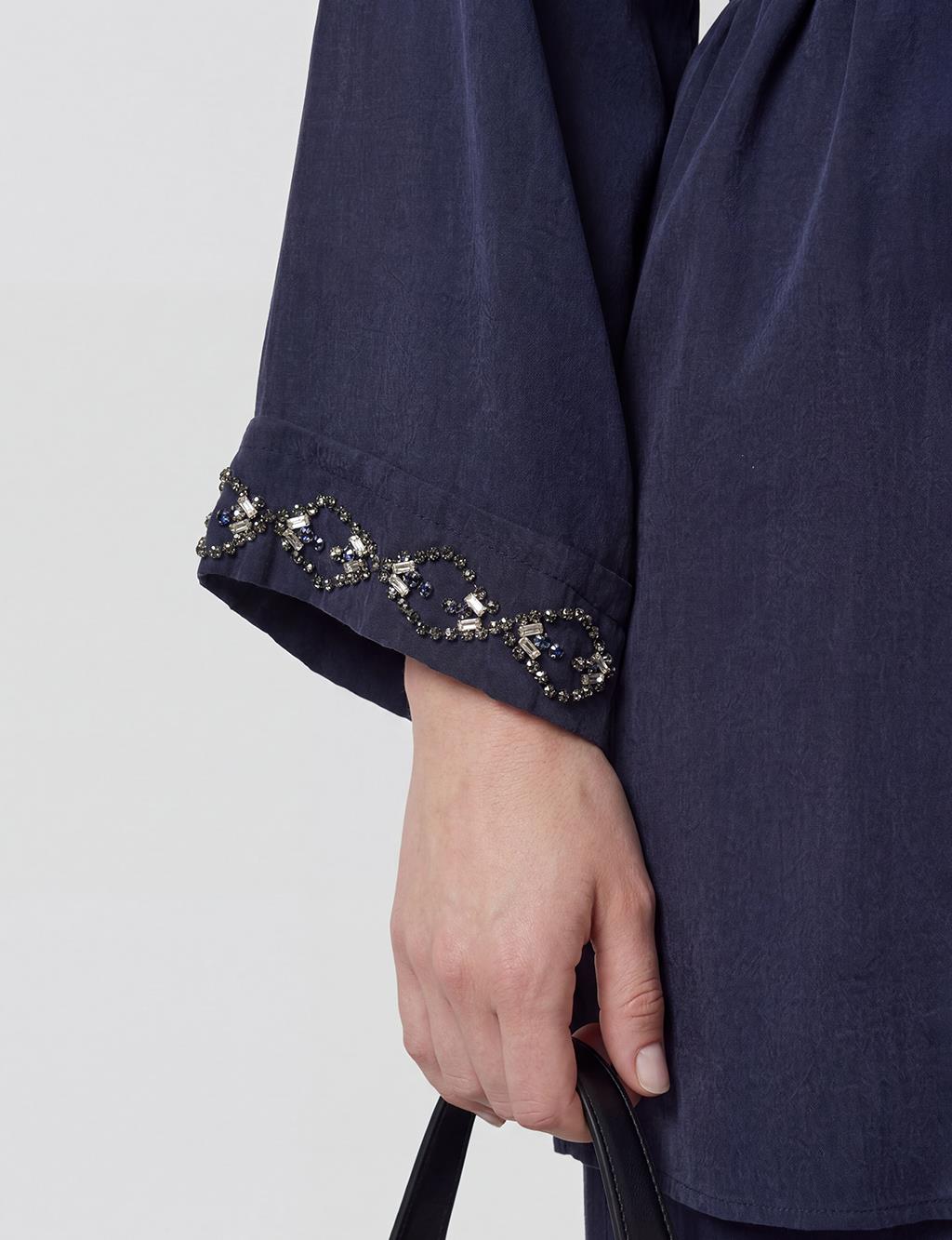 100% Lyocell Embroidered Two-Piece Set Dark Navy