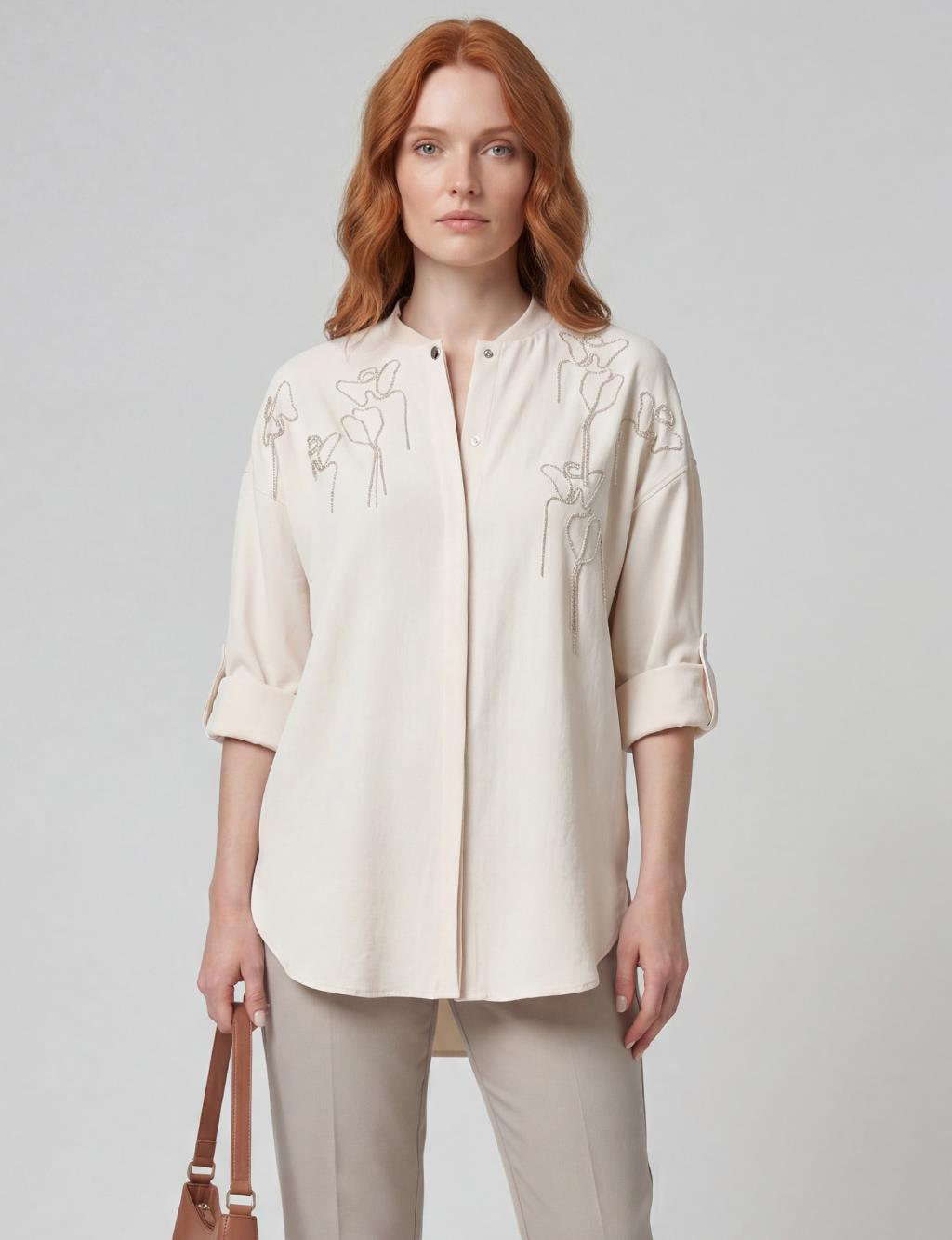 Embroidered College Collar Tunic Cream