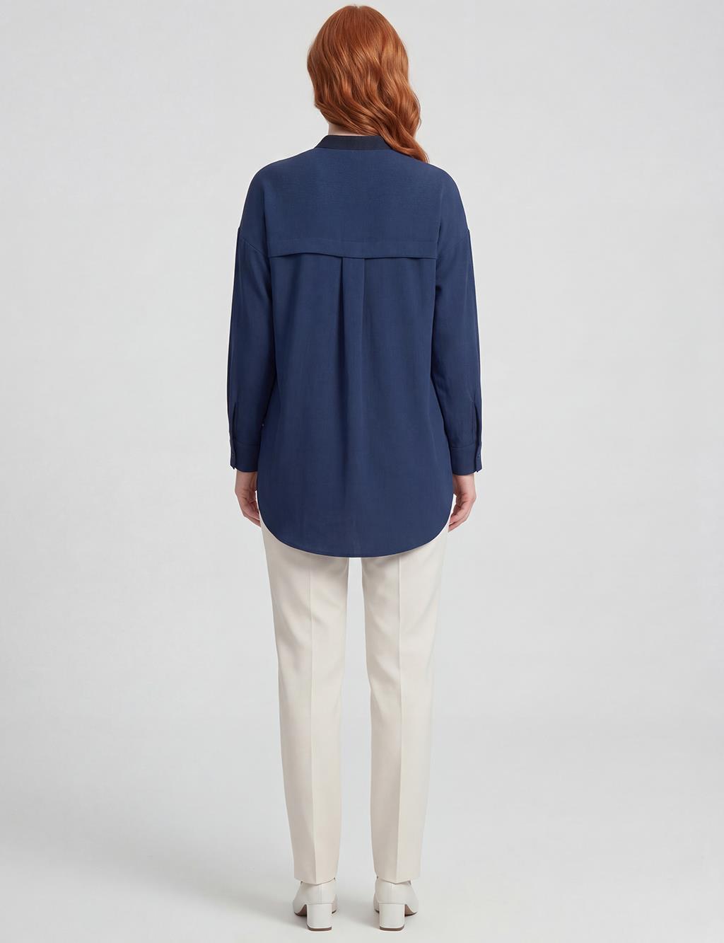 Embroidered College Collar Tunic Dark Navy