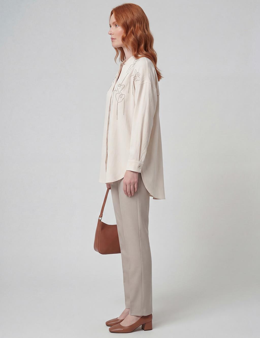 Embroidered College Collar Tunic Cream