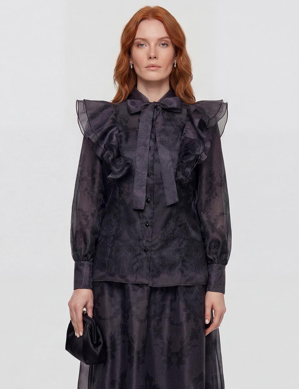 Shawl Collar Organza Set Black