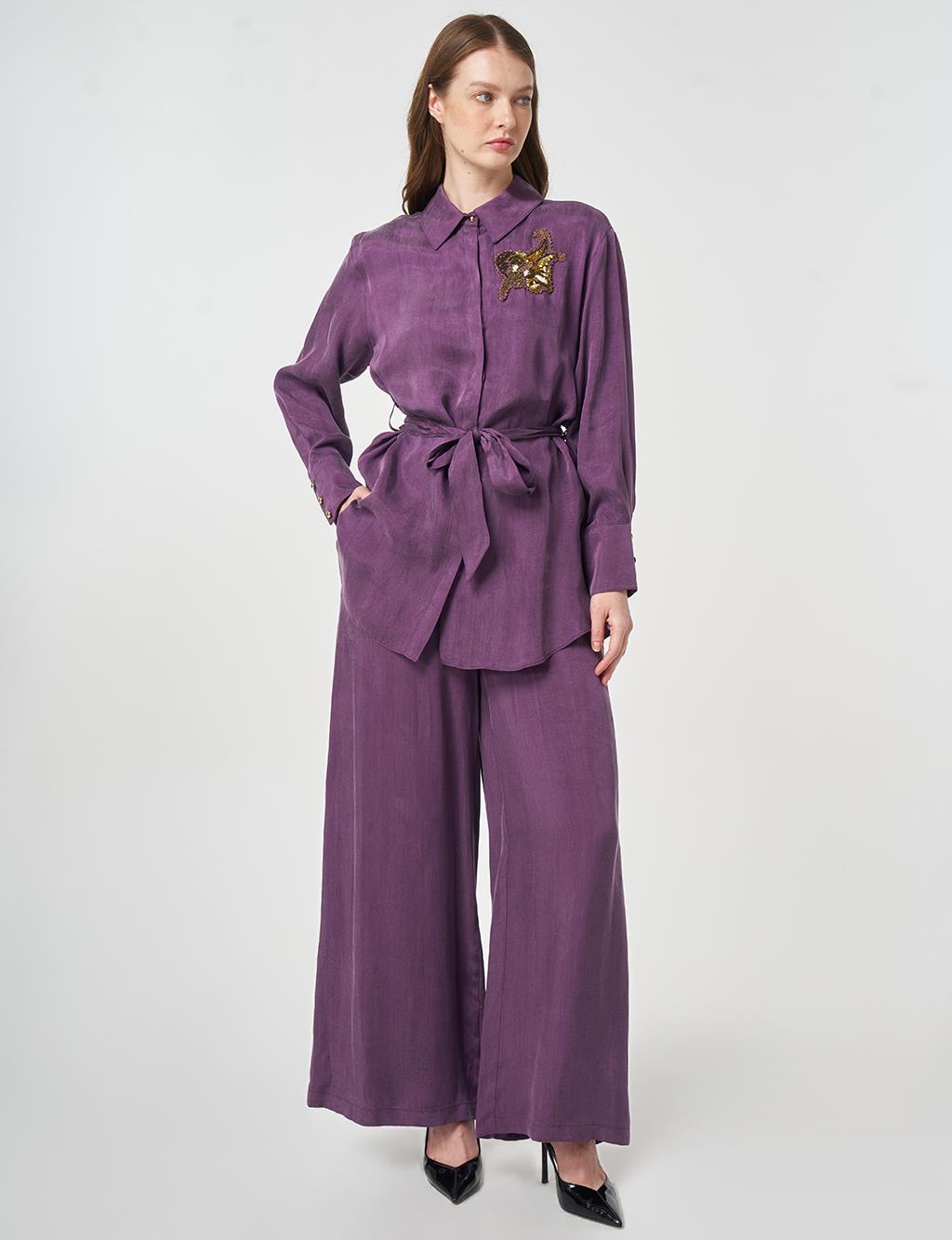 %100 Lyocell Nakış İşlemeli İkili Takım Patlıcan Moru