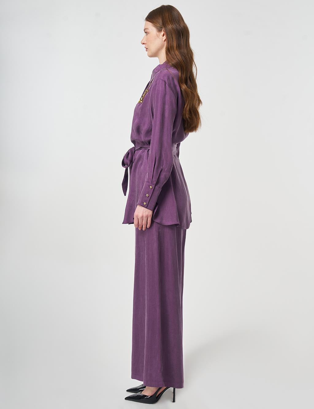 %100 Lyocell Nakış İşlemeli İkili Takım Patlıcan Moru