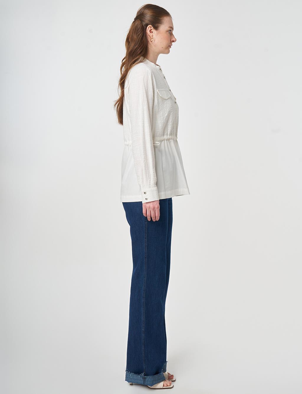 Mandarin Collar Embossed Blouse Off-White