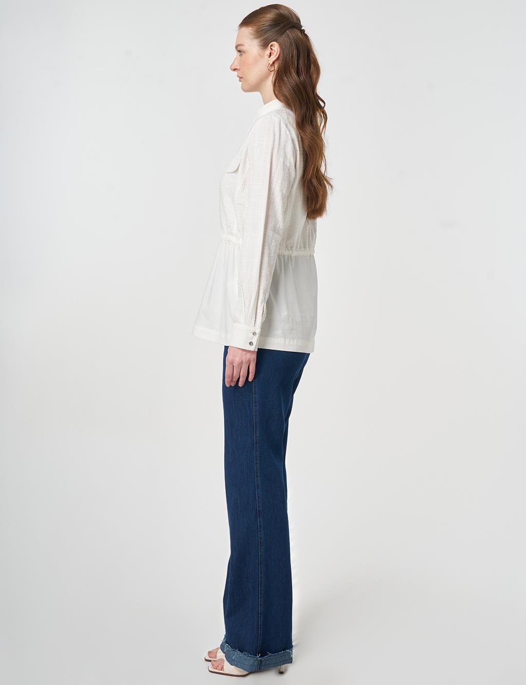 Mandarin Collar Embossed Blouse Off-White