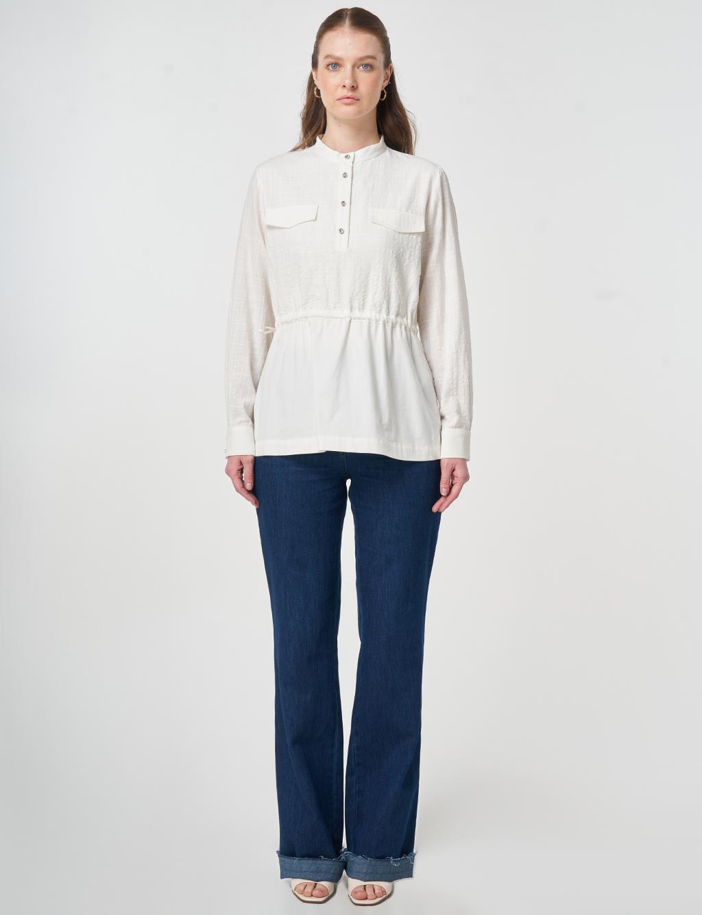 Mandarin Collar Embossed Blouse Off-White