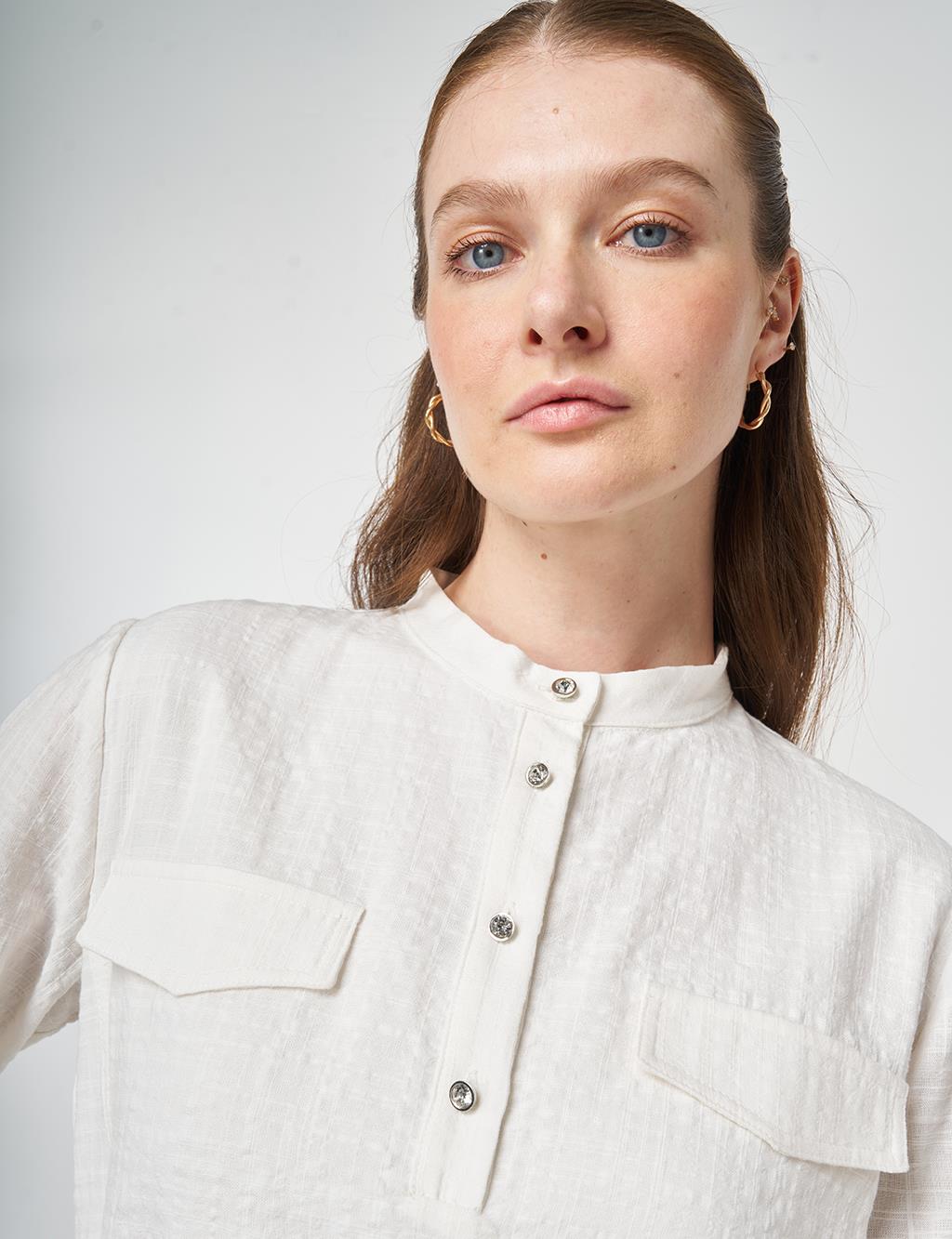 Mandarin Collar Embossed Blouse Off-White